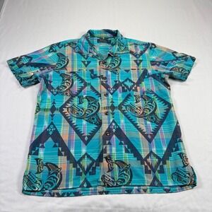 Polo Ralph Lauren Shirt Mens Medium Blue Aztec Button Up Loop Collar Casual Camp